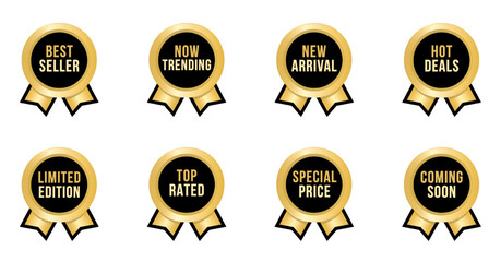 Gold award badge set. Best seller, trending, limited edition, special price, hot deals, coming soon, and top rated promotional labels. Vector isolated.