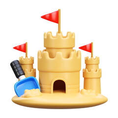 3D Rendered Sand Castle Illustration with Red Flags and Blue Shovel on Transparent Background