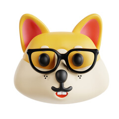 3D Rendered Shiba Inu Head Wearing Eyeglasses with Transparent Background