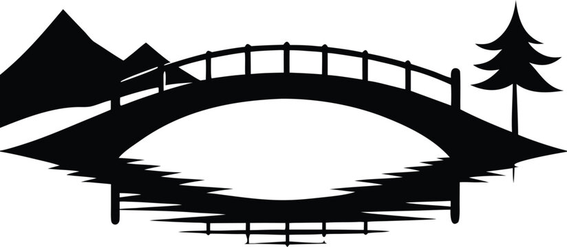 Serene Landscape Bridge, Water Reflection, Minimalist Zen Art silhouette vector illustration