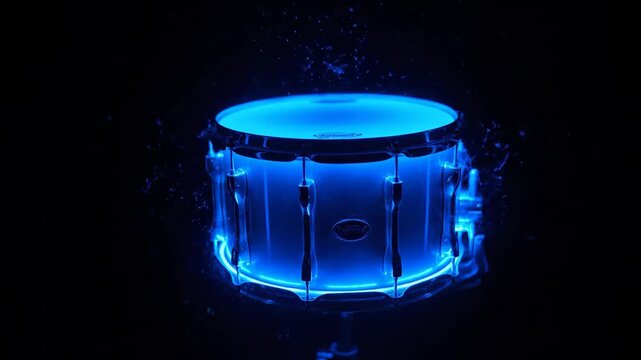 Glowing Neon Drum - A chrome snare drum is backlit with a brilliant blue neon glow against a dark background. The drum appears to float in space surrounded by a slight vapor effect.
