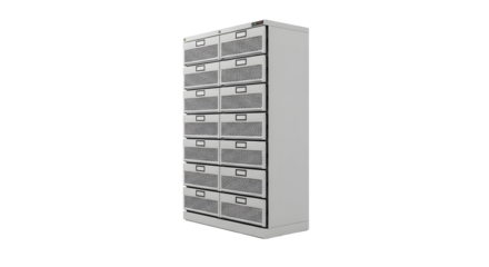 Gray Metal Server Rack with Multiple Ventilated Drawer Units in Data Center