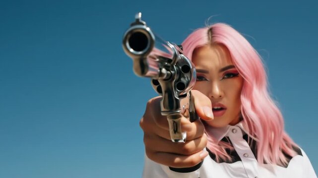 powerful asian woman with pink hair and western shirt aims revolver at camera. intense, cinematic shot against clear blue sky, evoking danger and confidence. poster, cover. femme fatale concept.