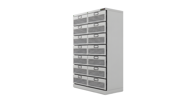 Gray Metal Server Rack with Multiple Ventilated Drawer Units in Data Center