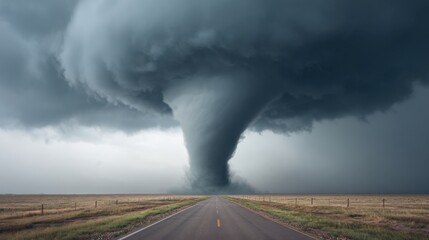 Dramatic Tornado Formation Over Open Road in Wide Open Landscape with Dark Storm Clouds and Atmospheric Turbulence Displayed in Natural Scene