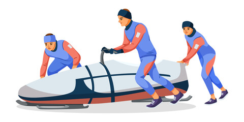Three athletes in winter sportswear push a bobsled on a white background, representing teamwork and competition in winter sports. Vector illustration