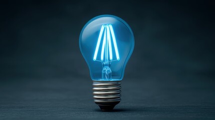Bright blue light bulb glowing with neon effect on a dark background, representing creativity, innovation, and modern design in technology concepts