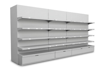 Modern retail display shelving unit with multiple shelves and drawers, perfect for product placement and store design concepts.
