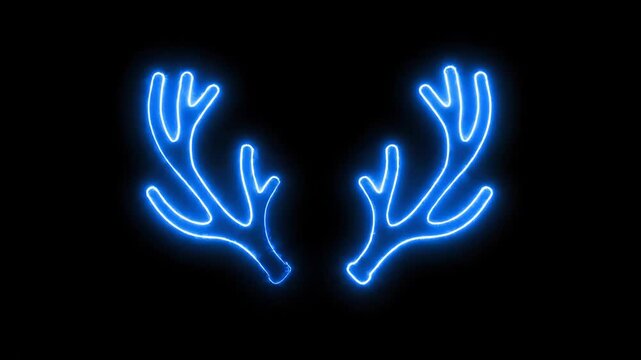 Neon Blue Reindeer Antlers on Black - A graphic shows a pair of symmetrical reindeer antlers outlined in bright neon blue, glowing against a completely black background.