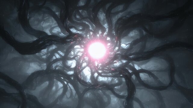 Abstract horror fog, twisted black smoke tendrils with soft glowing center void