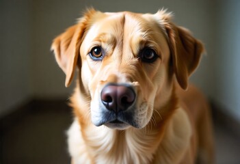 Captivating close-up portrait of a friendly golden retriever dog looking directly into the camera with soulful eyes, evoking warmth and companionship.