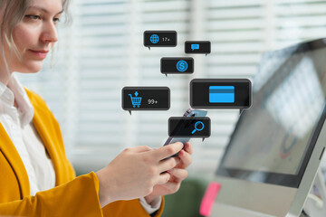 Startup small business entrepreneur or freelance using a laptop with box, checking orders from customers.