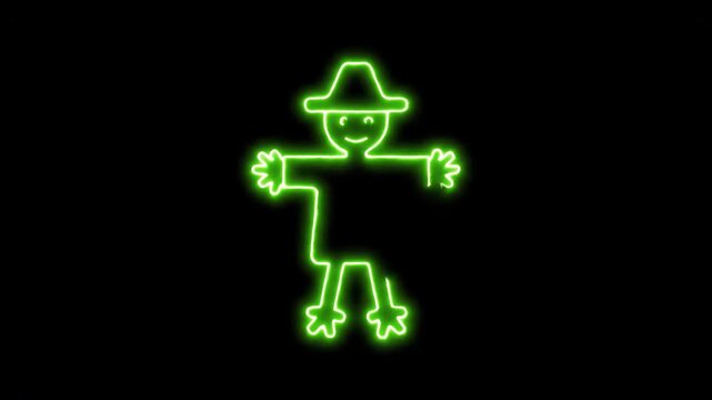 Neon Scarecrow Graphic on Black - This video shows a bright green neon line graphic of a cartoon scarecrow. The scarecrow figure is on a plain black screen background, suitable for chroma key effects.