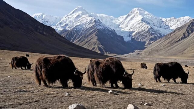 Herd of yaks grazing in mountain valley with snow covered peaks in background
