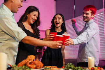 drinks and conversation, social gathering and get together. Young people, group and happiness at fast food pizzeria, celebration at home.