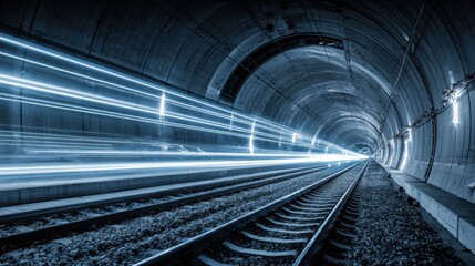 Captivating Perspective of Train Tracks in a Modern Tunnel with Light Trails and Dynamic Movement