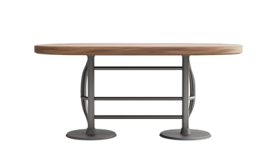 Oval wooden tabletop with visible grain, supported by two black metal pedestal legs joined by horizontal support bars.