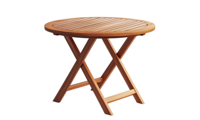 Round wooden folding table with slatted top and crossed legs, suited for patio or bistro-style seating.
