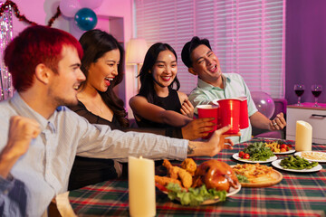 drinks and conversation, social gathering and get together. Young people, group and happiness at fast food pizzeria, celebration at home.