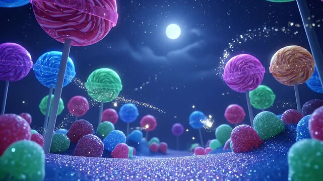 A whimsical fantasy landscape of a candy forest with lollipop trees under a full moon at night.