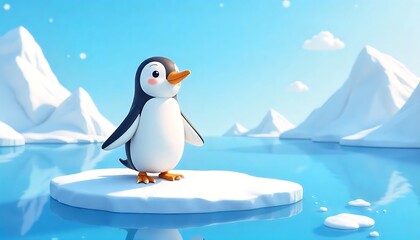 Obraz premium Adorable cartoon penguin stands on icy floe in serene arctic landscape, perfect for children's stories and whimsical designs.