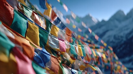 Obraz premium Buddhist prayer flags, colorful flags fluttering in mountain wind with monks chanting prayers nearby.