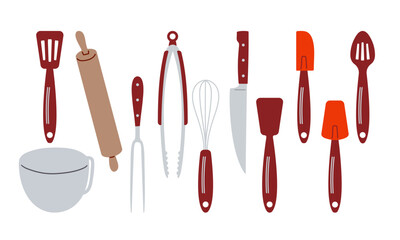 Kitchen utensils set. Various kitchen tools of cook. Spatulas and tongs for frying, dough whisk, knife, rolling pin. Kitchen appliance for baking and other dishes. Flat vector illustration on white.