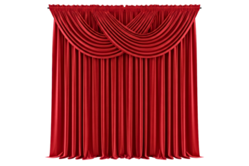 Red silk theatre curtain with a decorative swag valance on a transparent background