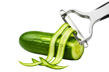 Fresh green cucumber being peeled with a metal vegetable peeler on a transparent background