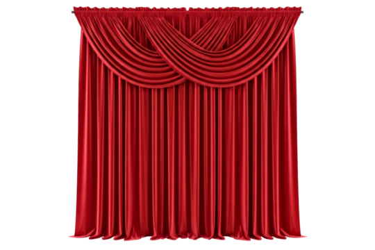 Red silk theatre curtain with a decorative swag valance on a transparent background