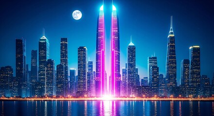 Futuristic city skyline illuminated by neon glows with bright lights and a full moon