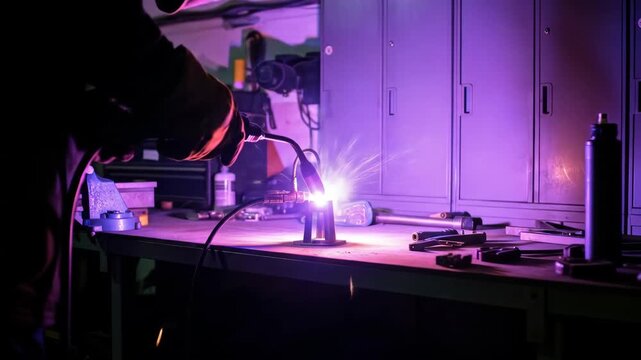Workbench with tools and welder glowing in dark workshop, industrial scene with tools