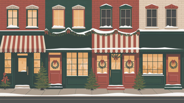 Festive storefronts decorated for christmas with wreaths and snow covered roofs on a winter day