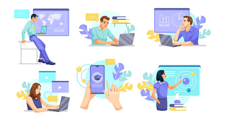 People using laptops, smartphones, and digital boards, flat style on white background. Concept of online education and e-learning. Vector illustration