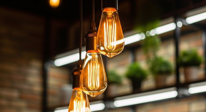 Three warm incandescent Edison light bulbs hang elegantly creating a beautiful ambient glow indoors - Powered by Adobe
