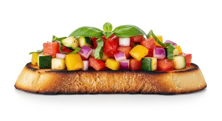 Colorful Bruschetta with fresh vegetables on toasted bread isolated