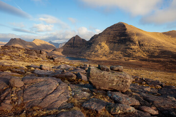 Creag a Chinn Duibh view towards Loch Toll nam Biast and Beinn Alligin in Torridon, Wester Ross, Scottish Highlands