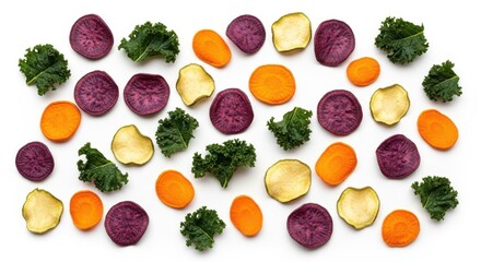 Colorful vegetable chips and kale leaves on a white background flat lay