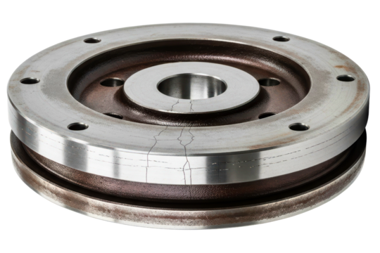 Damaged car engine flywheel with visible cracks on the surface on a transparent background