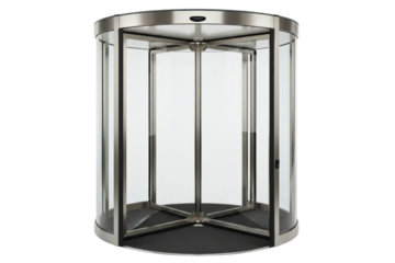 Glass and stainless steel revolving door for a building entrance on a transparent background