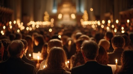 Christmas midnight mass, cathedral glowing with candlelight and choir singing, congregation gathered in devotion.