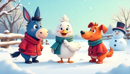 Charming cartoon donkey, chicken, and dog friends bundled in warm winter clothes enjoying a snowy day with a cheerful snowman nearby