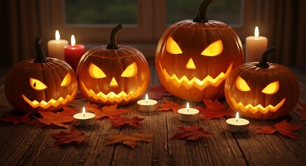 Obraz premium A Spooky Halloween Night with Glowing Jack-o'-Lanterns and Candles