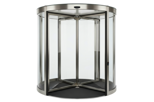 Glass and stainless steel revolving door for a building entrance on a transparent background