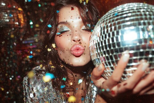 Fashion Girl Blowing Confetti with Disco Ball - Powered by Adobe