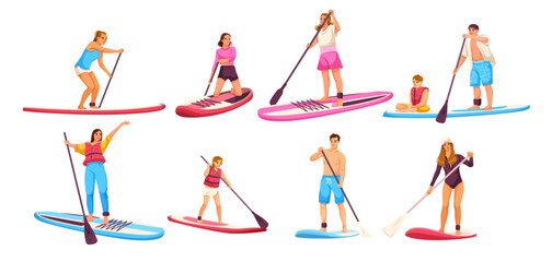 Group of diverse people paddleboarding with paddles in different poses and outfits on white background. Concept of water sport activity. Vector illustration