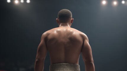 Powerful Athlete Preparing for Action in the Boxing Ring with Dramatic Lighting and Intense Focus on Strength and Determination