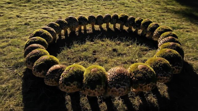 A ring of parasol mushrooms with moss on grassy field in nature, fungi circle.