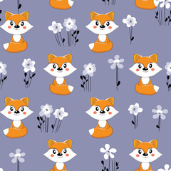 Seamless pattern with cute fox baby on color background. Funny forest animals. Card, postcards for kids. Flat vector illustration for fabric, textile, wallpaper, poster, paper.