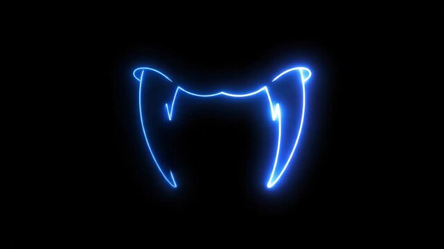 Neon Vampire Fangs Line Art on Black - This video features a stylized neon-blue outline of vampire fangs.